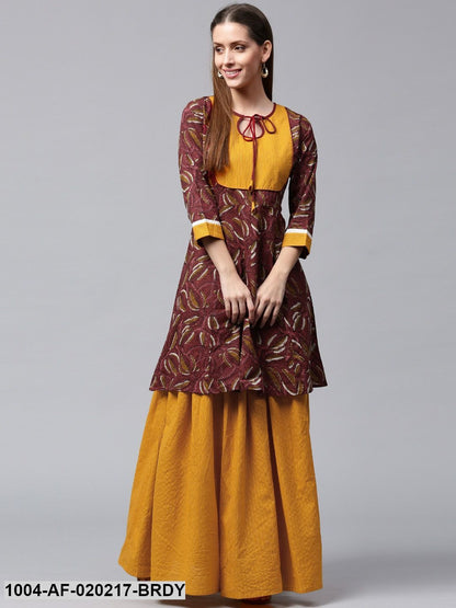 Burgundy & Mustard Yellow Printed Kurta with Skirt
