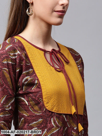 Burgundy & Mustard Yellow Printed Kurta with Skirt