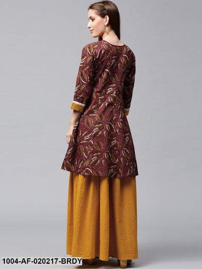 Burgundy & Mustard Yellow Printed Kurta with Skirt