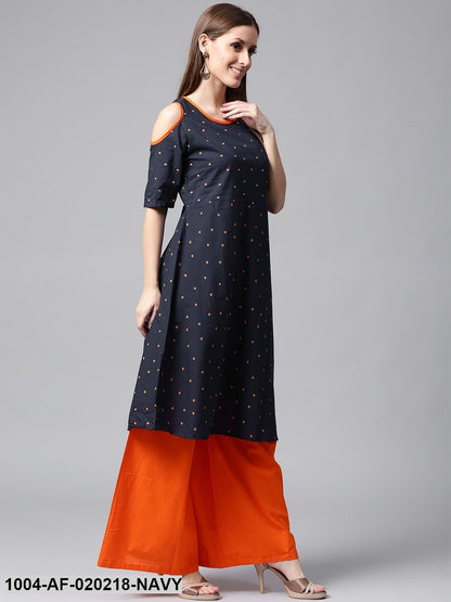 Navy & Orange Printed A-Line Kurta with Palazzos