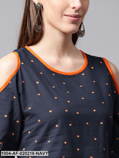 Navy & Orange Printed A-Line Kurta with Palazzos