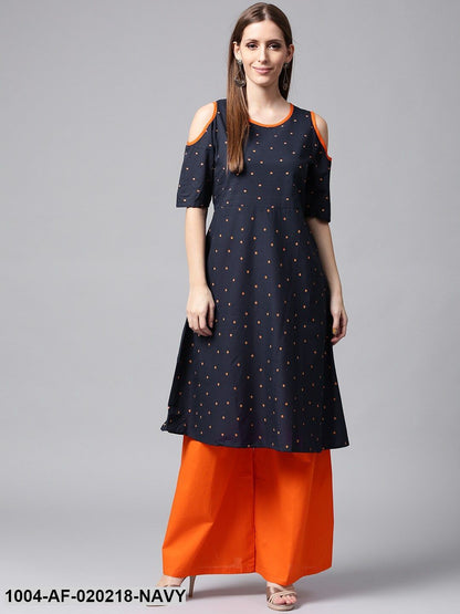 Navy & Orange Printed A-Line Kurta with Palazzos