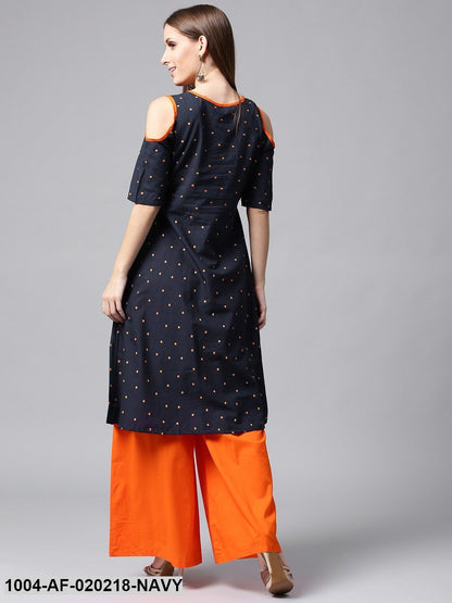 Navy & Orange Printed A-Line Kurta with Palazzos