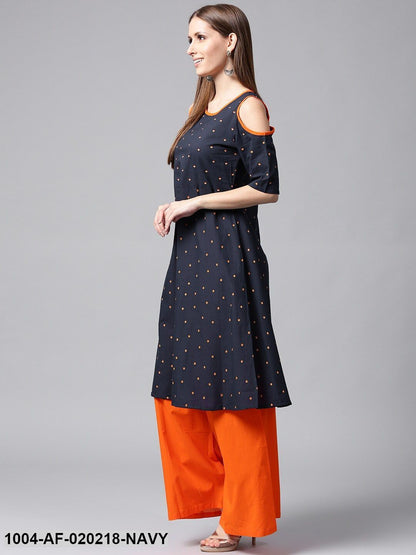 Navy & Orange Printed A-Line Kurta with Palazzos