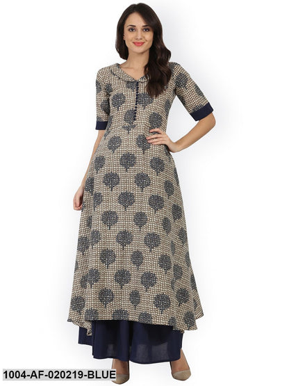 Blue & Brown Printed Kurta with Skirt