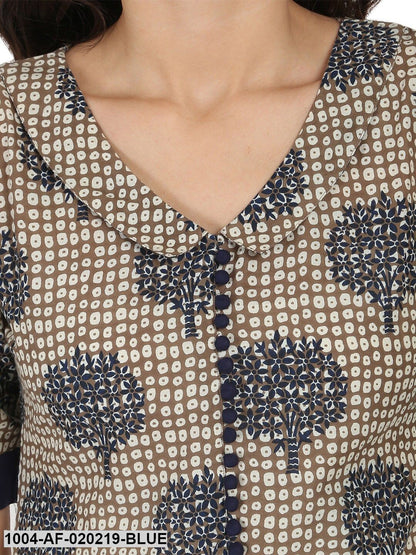 Blue & Brown Printed Kurta with Skirt