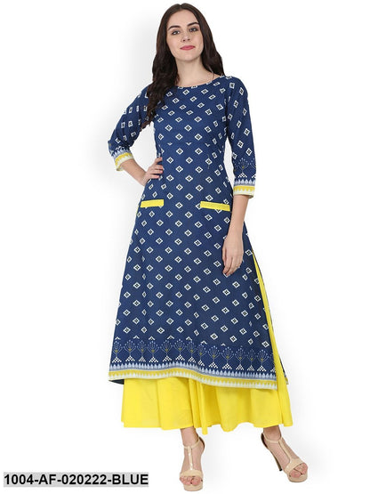 Blue & Yellow Printed Kurta with Skirt