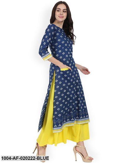 Blue & Yellow Printed Kurta with Skirt