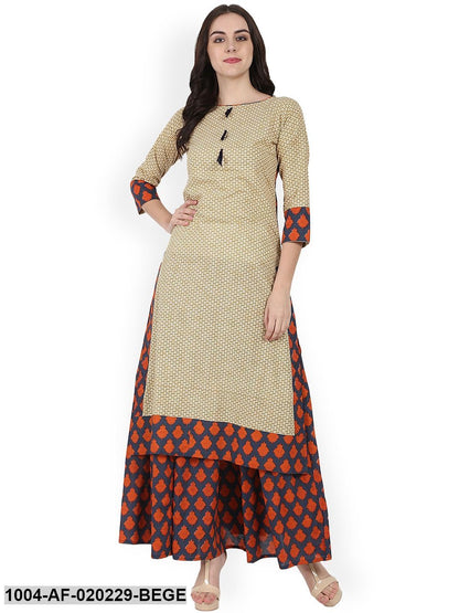 Beige & Black Printed Kurta with Skirt