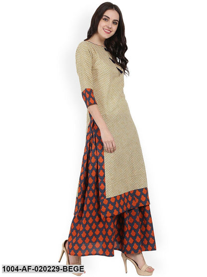 Beige & Black Printed Kurta with Skirt