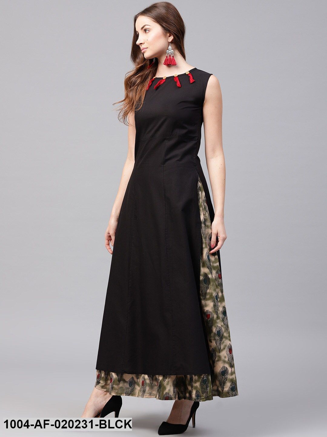 Black & Olive Green Solid Kurta with Skirt