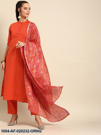 Orange Solid Kurta with Trousers & Dupatta