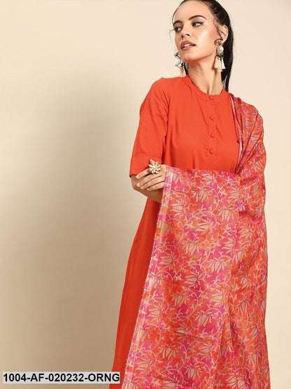 Orange Solid Kurta with Trousers & Dupatta