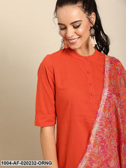 Orange Solid Kurta with Trousers & Dupatta