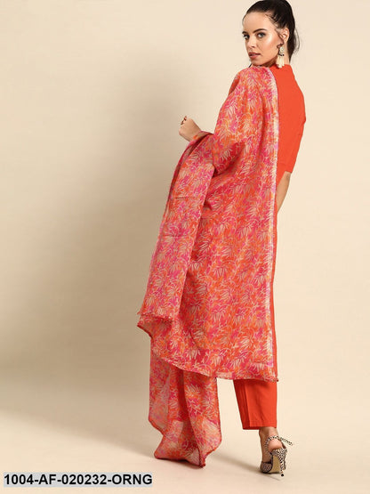 Orange Solid Kurta with Trousers & Dupatta
