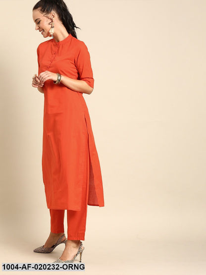 Orange Solid Kurta with Trousers & Dupatta