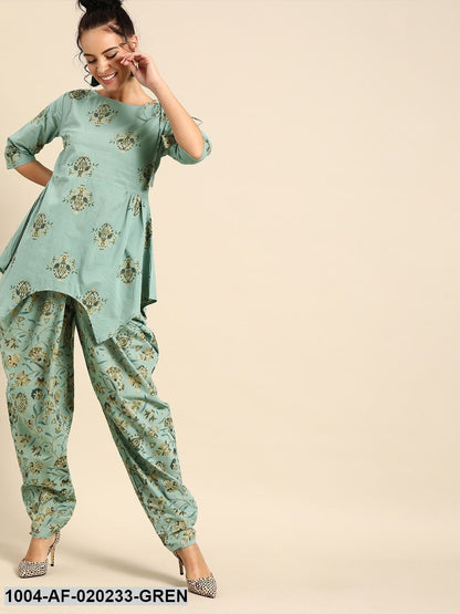 Green & Teal Blue Printed Kurta with Dhoti Pants