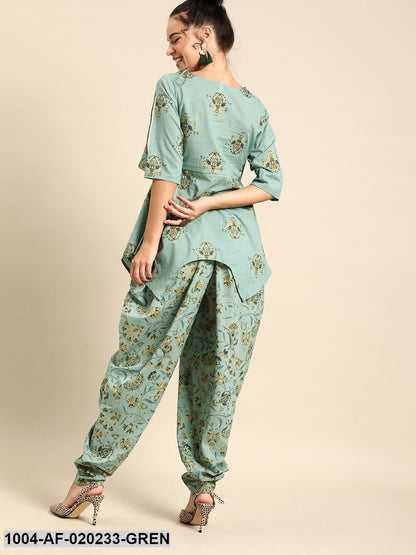 Green & Teal Blue Printed Kurta with Dhoti Pants