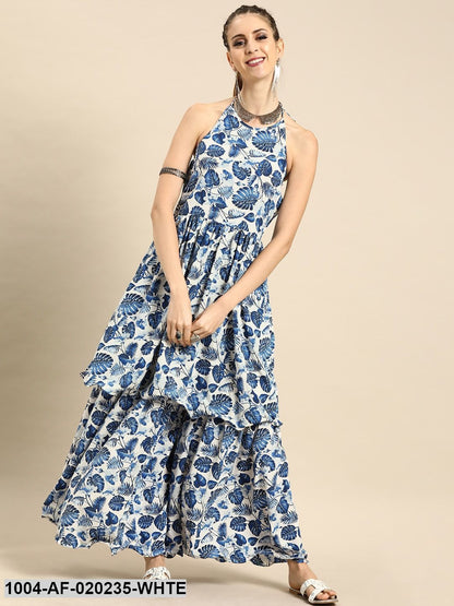 White & Blue Printed Kurta with Sharara