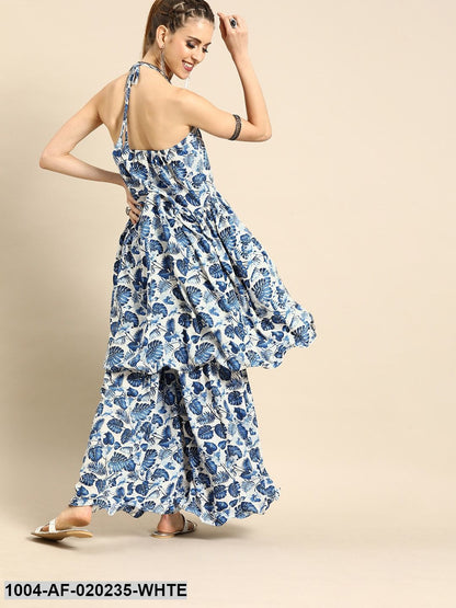White & Blue Printed Kurta with Sharara