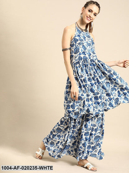 White & Blue Printed Kurta with Sharara