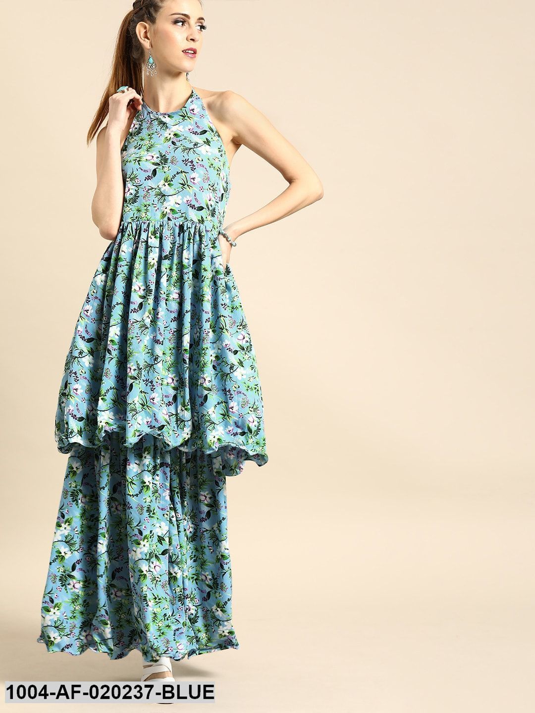 Blue & Green Printed Kurta with Sharara