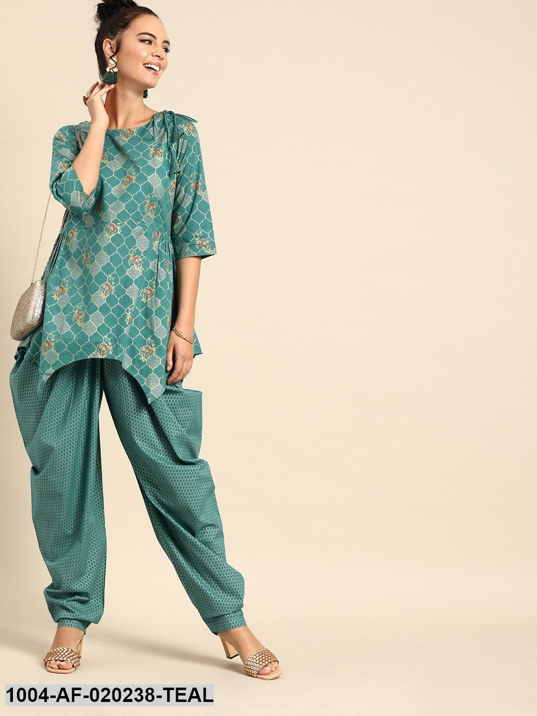 Teal Green & Gold-Toned Printed Kurta with Dhoti Pants
