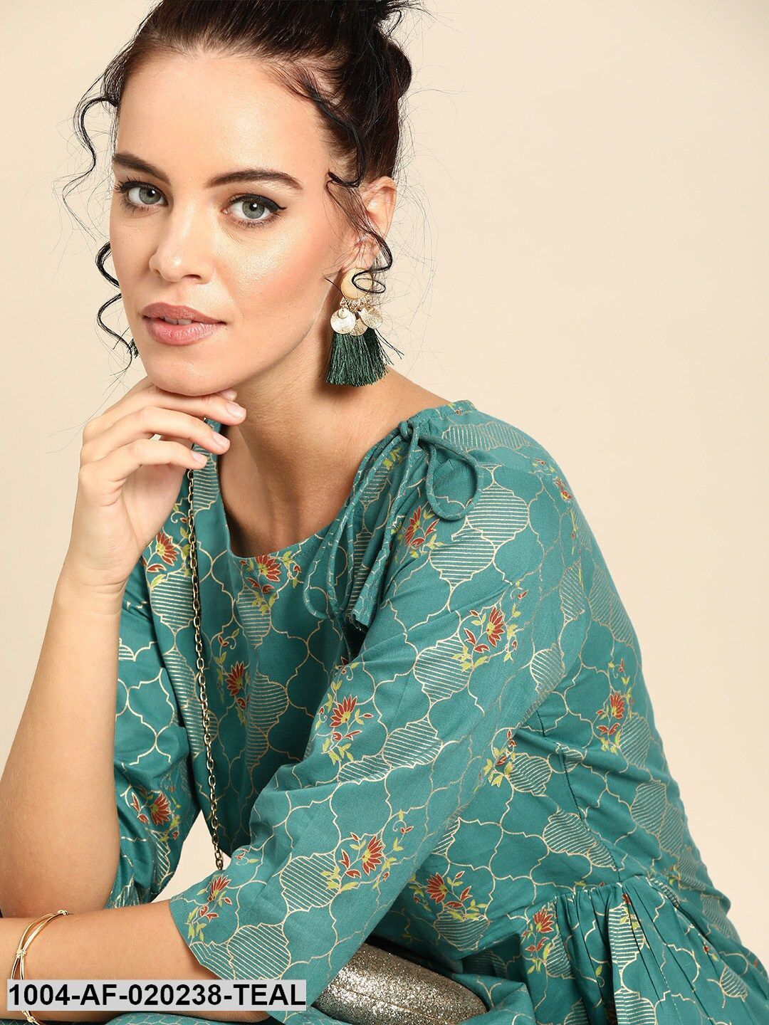 Teal Green & Gold-Toned Printed Kurta with Dhoti Pants