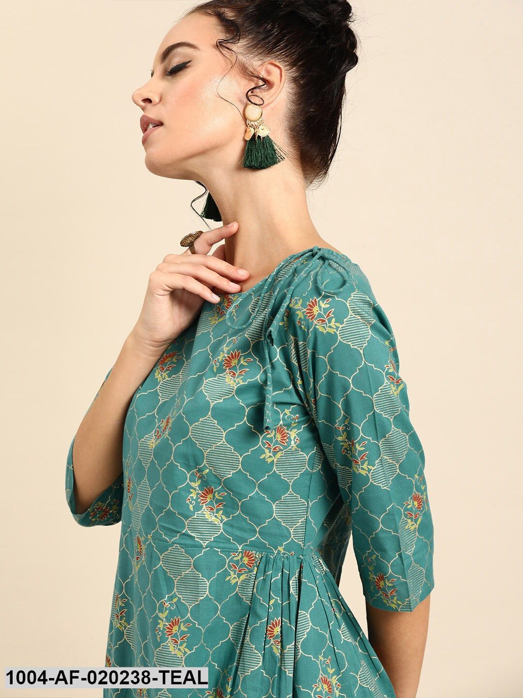 Teal Green & Gold-Toned Printed Kurta with Dhoti Pants