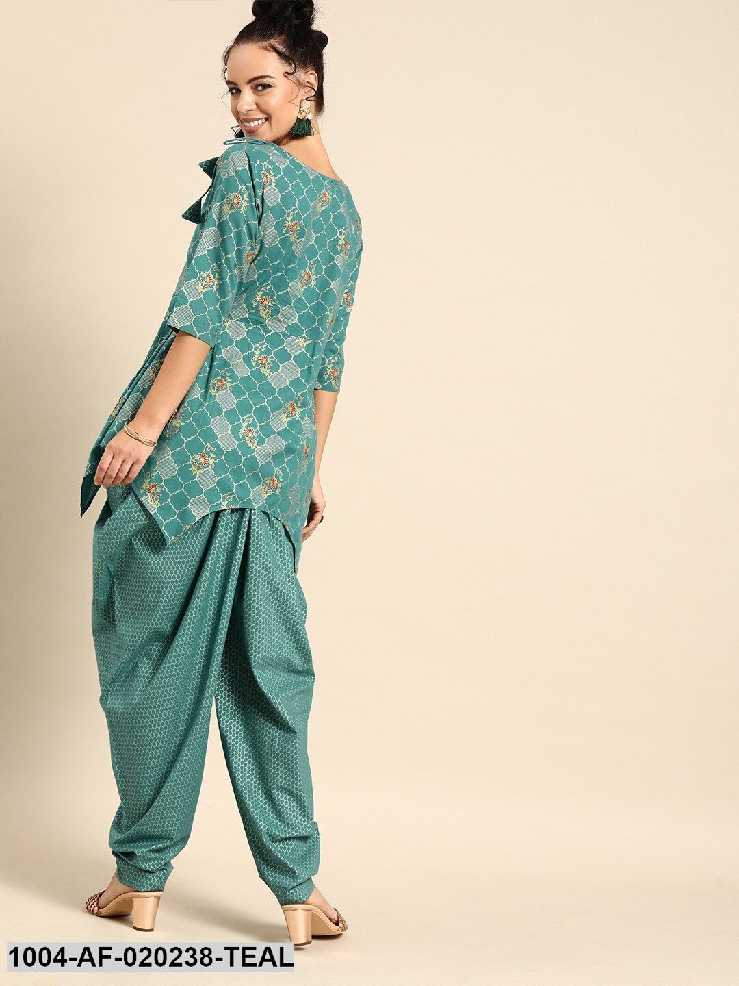 Teal Green & Gold-Toned Printed Kurta with Dhoti Pants