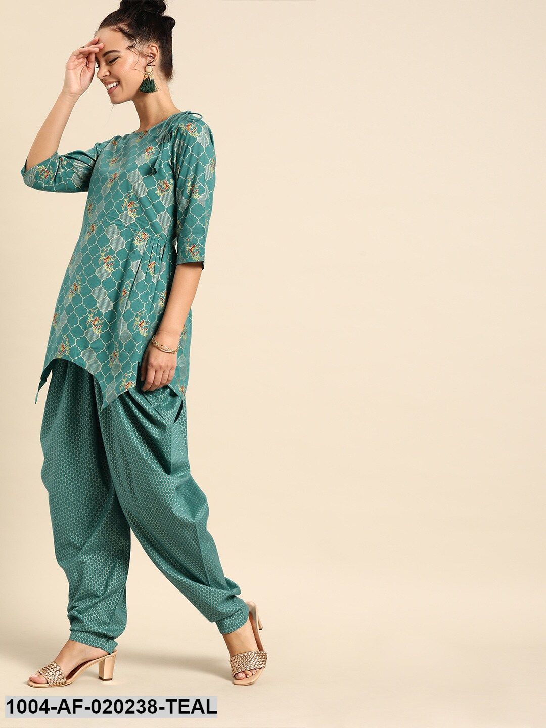 Teal Green & Gold-Toned Printed Kurta with Dhoti Pants