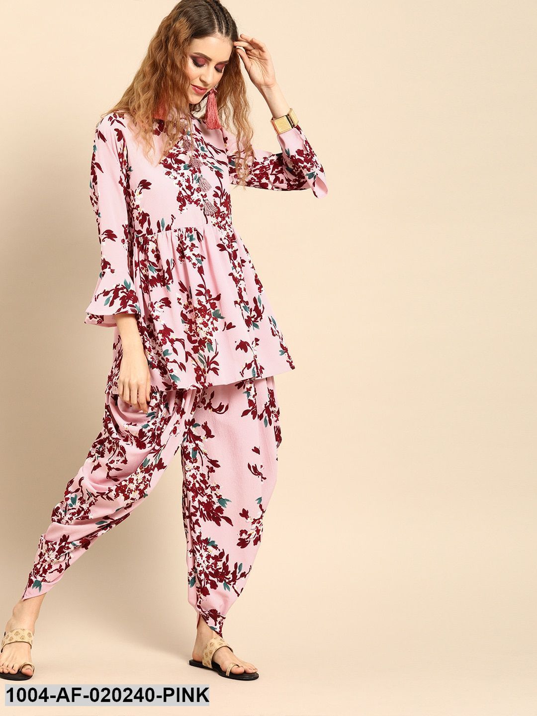 Pink & Maroon Printed Kurta with Dhoti Pants
