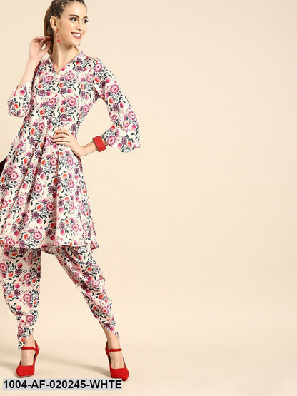 White & Pink Printed Kurta with Dhoti Pants