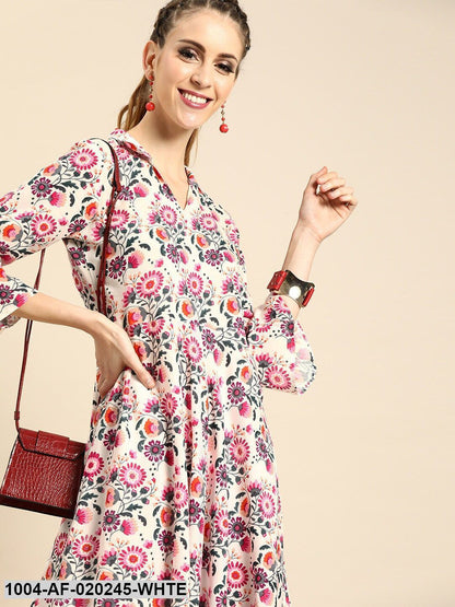 White & Pink Printed Kurta with Dhoti Pants