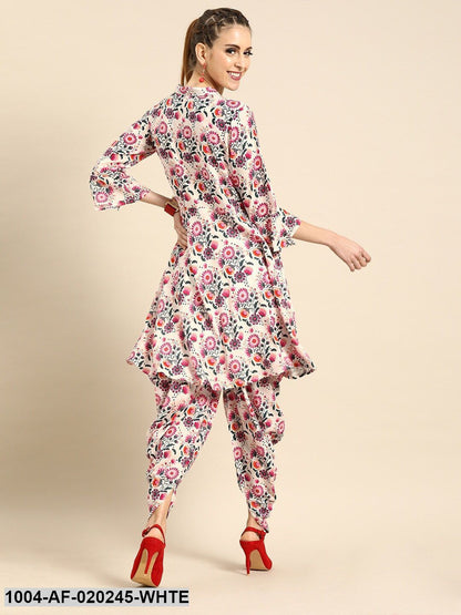 White & Pink Printed Kurta with Dhoti Pants