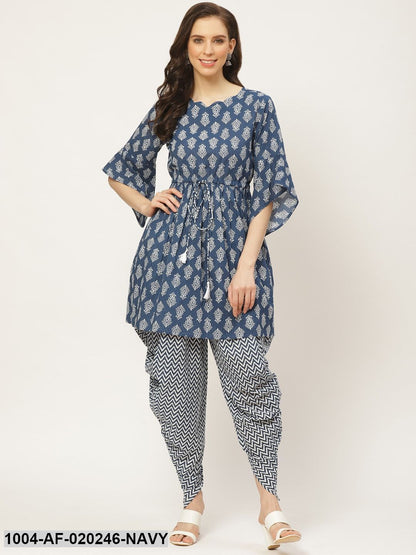 Navy Blue & Off-White Ethnic Printed Kurta with Dhoti Pants