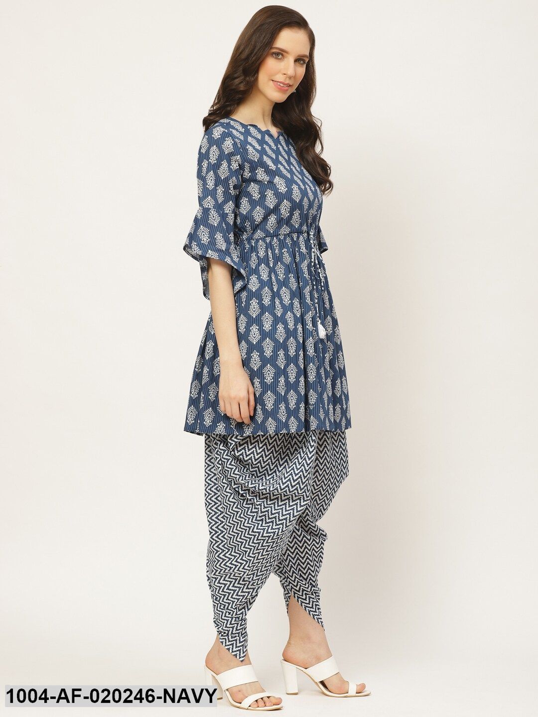 Navy Blue & Off-White Ethnic Printed Kurta with Dhoti Pants