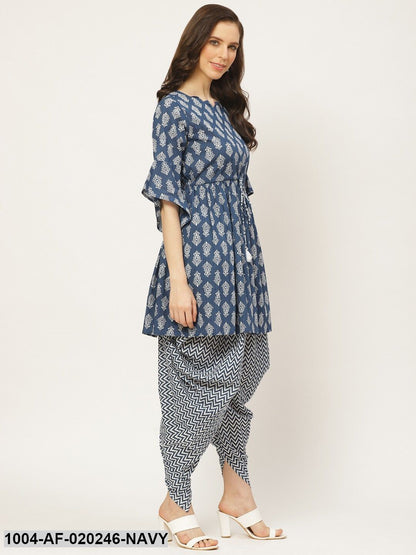 Navy Blue & Off-White Ethnic Printed Kurta with Dhoti Pants