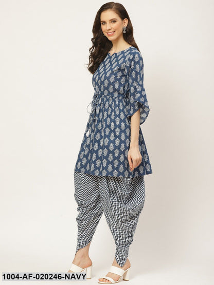 Navy Blue & Off-White Ethnic Printed Kurta with Dhoti Pants