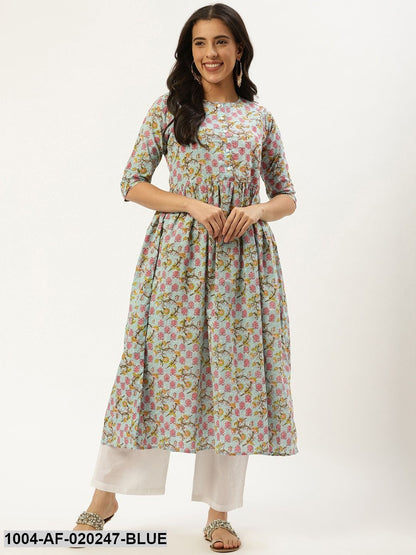 Blue & White Printed Kurta with Palazzos