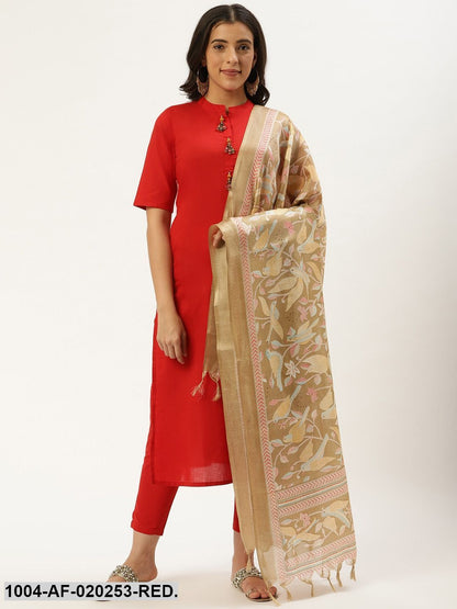 Red & Beige Solid Kurta with Trousers & Dupatta