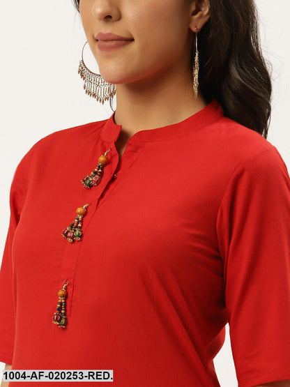 Red & Beige Solid Kurta with Trousers & Dupatta
