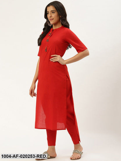 Red & Beige Solid Kurta with Trousers & Dupatta