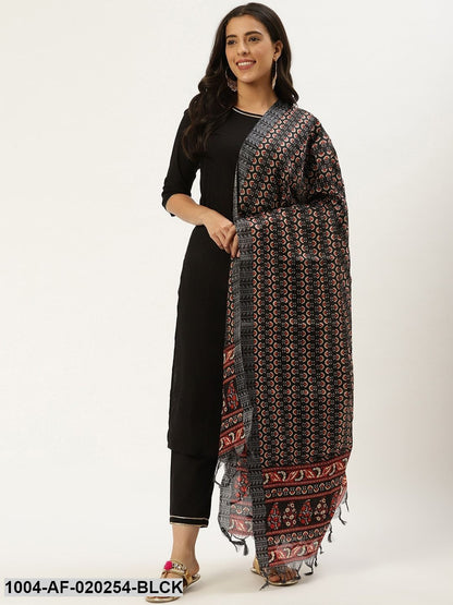 Black Solid Kurta with Trousers & Dupatta