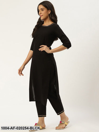 Black Solid Kurta with Trousers & Dupatta