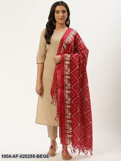 Beige & Maroon Solid Kurta with Trousers & Dupatta