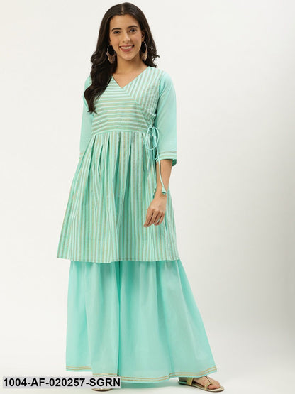 Sea Green & Golden Striped Kurta with Sharara
