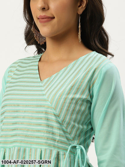 Sea Green & Golden Striped Kurta with Sharara