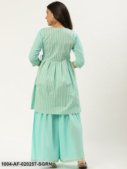 Sea Green & Golden Striped Kurta with Sharara