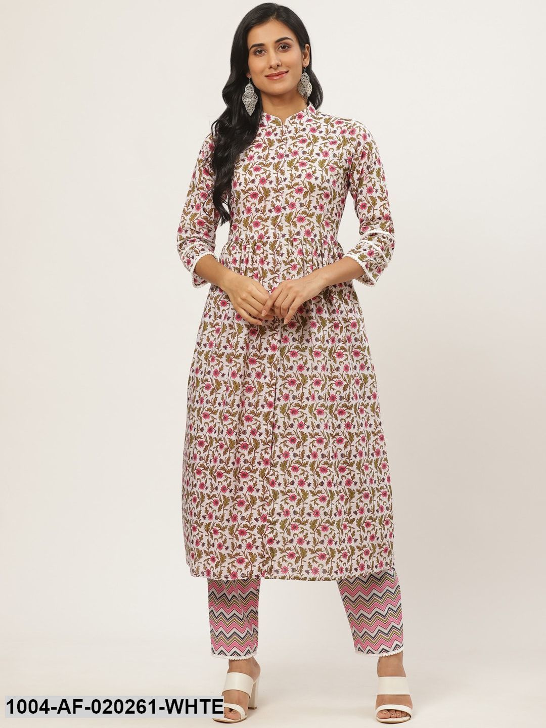 White & Pink Floral Printed Kurta with Trousers